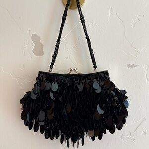 La Regale Black Sequin Evening Bag with Goldtone Clasp NWOT